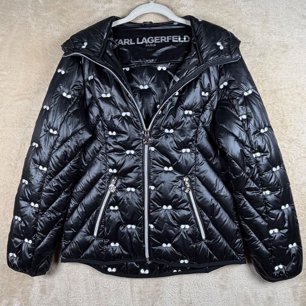 NWOT Karl Lagerfeld Paris Sm Hooded Black Puffer Jacket With White Sunglass Logo